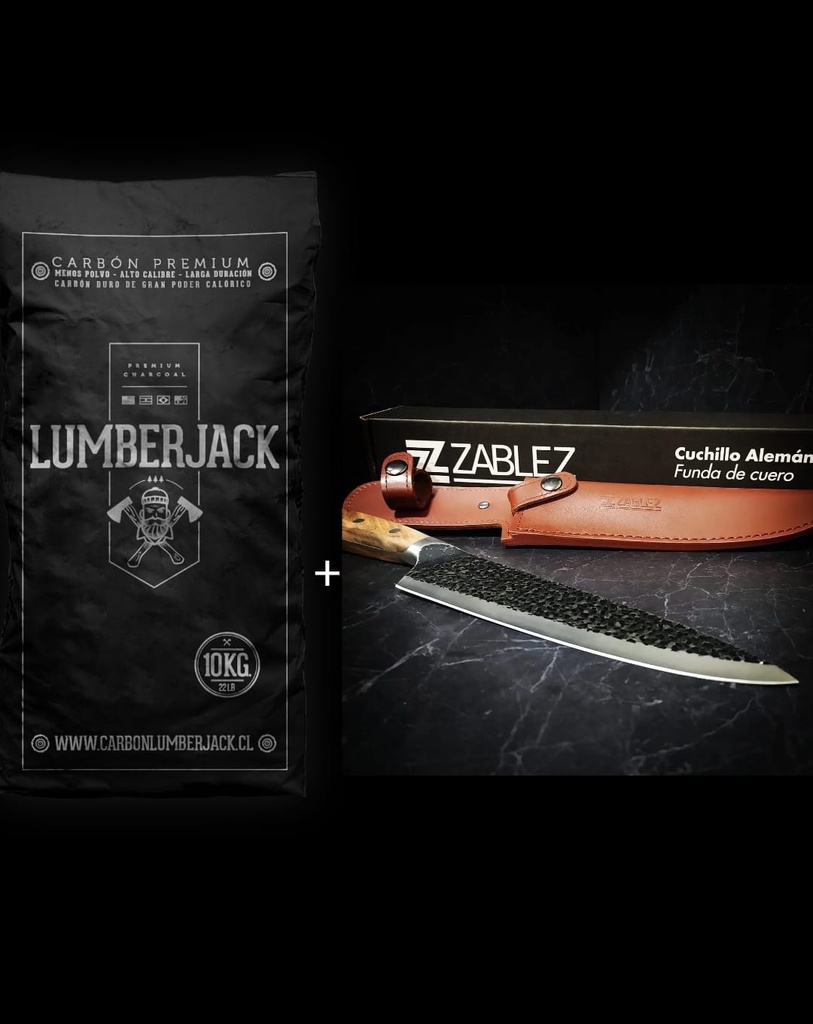 PROMO Cuchillo Alemán con funda de cuero + Carbon Lumberjack 10kg